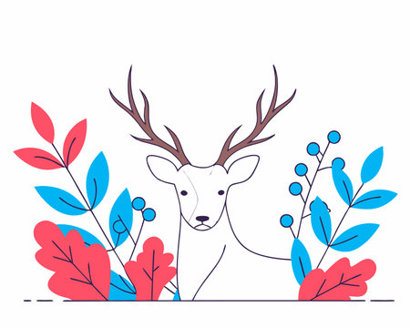 Deer decoration with plants and leaves illustrationのイラスト素材