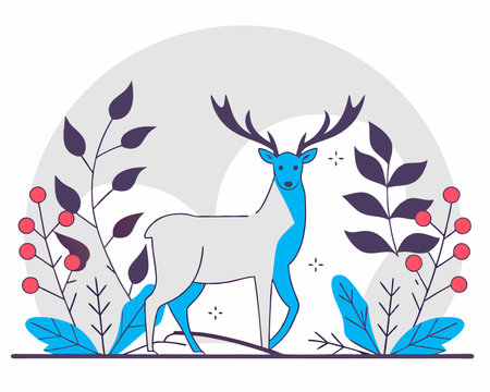 Deer decoration with plants and leaves illustrationのイラスト素材