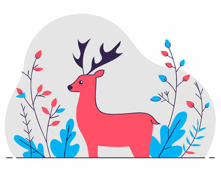 Deer decoration with plants and leaves illustrationのイラスト素材