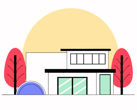 Logo building in landscape with flat design illustrationのイラスト素材