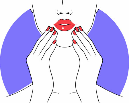 Outline face with red lips and nails illustrationのイラスト素材