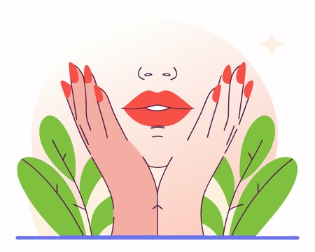 Outline face with red lips and nails illustrationのイラスト素材