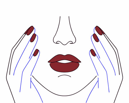 Outline face with red lips and nails illustrationのイラスト素材