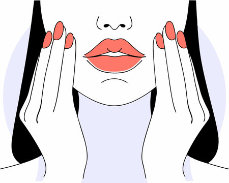 Outline face with red lips and nails illustrationのイラスト素材