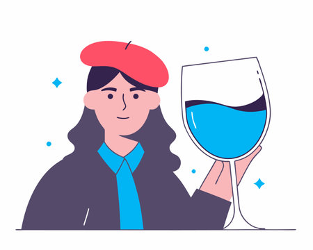 Red beret woman with glass of wine illustrationのイラスト素材