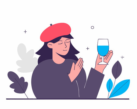 Red beret woman with glass of wine illustrationのイラスト素材