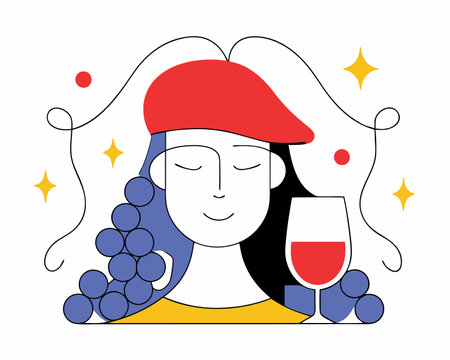 Red beret woman with glass of wine illustrationのイラスト素材