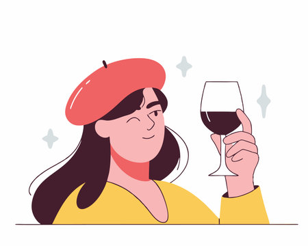 Red beret woman with glass of wine illustrationのイラスト素材