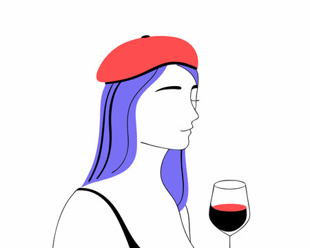 Red beret woman with glass of wine illustrationのイラスト素材