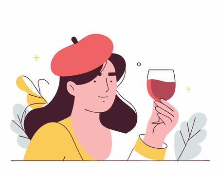 Red beret woman with glass of wine illustrationのイラスト素材