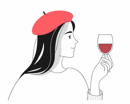 Red beret woman with glass of wine illustrationのイラスト素材