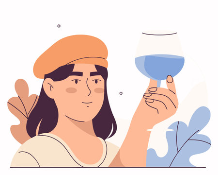 Red beret woman with glass of wine illustrationのイラスト素材