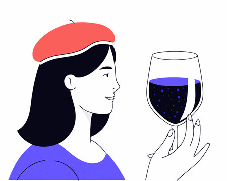 Red beret woman with glass of wine illustrationのイラスト素材