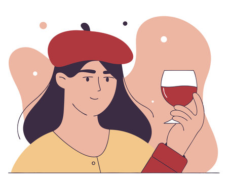 Red beret woman with glass of wine illustrationのイラスト素材