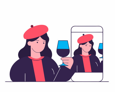Red beret woman with glass of wine illustrationのイラスト素材