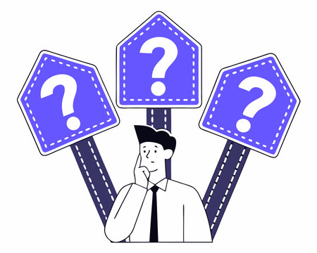 Confusing businessman looking at multiple road sign with question mark and thinking which way to go illustrationのイラスト素材