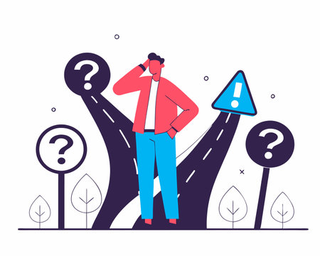 Confusing businessman looking at multiple road sign with question mark and thinking which way to go illustrationのイラスト素材