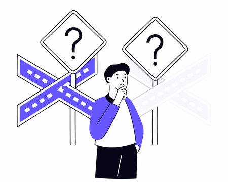 Confusing businessman looking at multiple road sign with question mark and thinking which way to go illustrationのイラスト素材