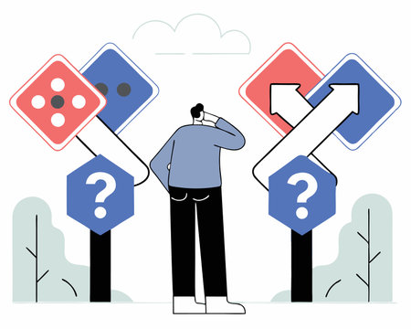 Confusing businessman looking at multiple road sign with question mark and thinking which way to go illustrationのイラスト素材
