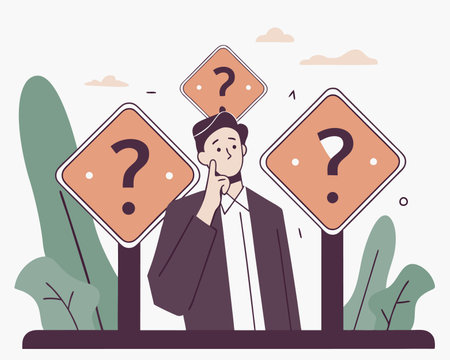 Confusing businessman looking at multiple road sign with question mark and thinking which way to go illustrationのイラスト素材