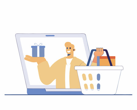 Ecommerce shopping genie with empty cart illustrationのイラスト素材