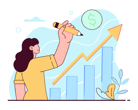 Girl draws a graph up, promotion motivation, way to achieve the goal illustrationのイラスト素材