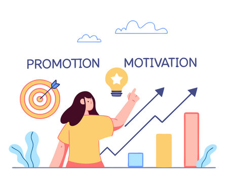 Girl draws a graph up, promotion motivation, way to achieve the goal illustrationのイラスト素材