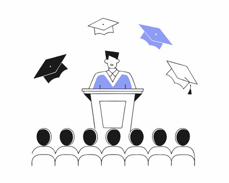 Graduation speech concept with man giving speech on podium with modern illustrationのイラスト素材