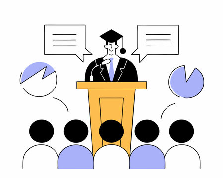 Graduation speech concept with man giving speech on podium with modern illustrationのイラスト素材