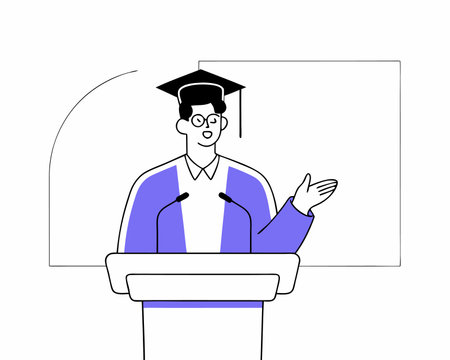 Graduation speech concept with man giving speech on podium with modern illustrationのイラスト素材