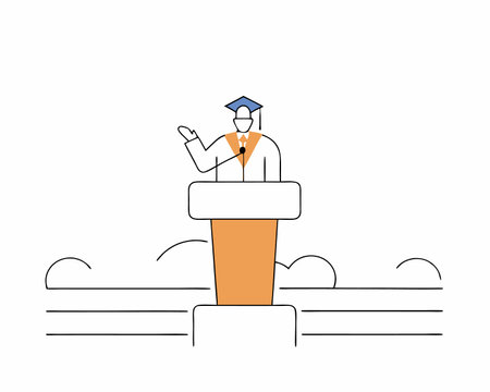 Graduation speech concept with man giving speech on podium with modern illustrationのイラスト素材
