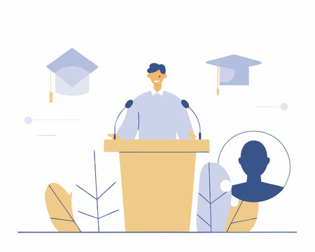 Graduation speech concept with man giving speech on podium with modern illustrationのイラスト素材