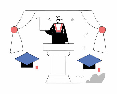 Graduation speech concept with man giving speech on podium with modern illustrationのイラスト素材