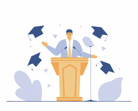 Graduation speech concept with man giving speech on podium with modern illustrationのイラスト素材