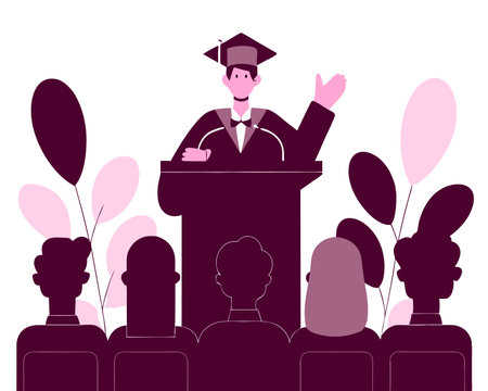 Graduation speech concept with man giving speech on podium with modern illustrationのイラスト素材