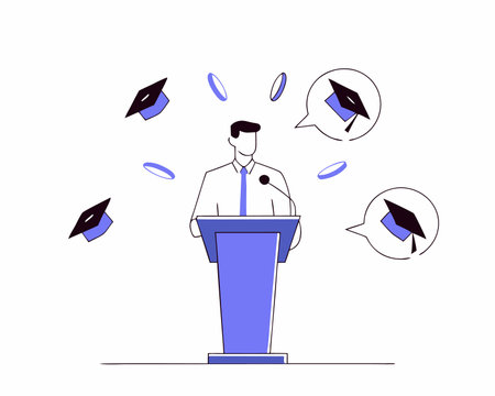 Graduation speech concept with man giving speech on podium with modern illustrationのイラスト素材