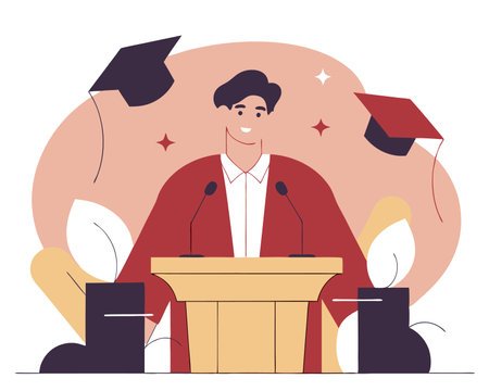 Graduation speech concept with man giving speech on podium with modern illustrationのイラスト素材