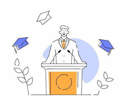 Graduation speech concept with man giving speech on podium with modern illustrationのイラスト素材