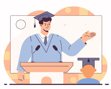 Graduation speech concept with man giving speech on podium with modern illustrationのイラスト素材