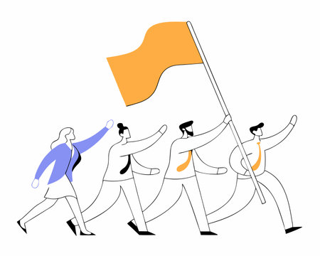 Leadership to lead team members businessman leader holding winner flag running lead business people illustrationのイラスト素材