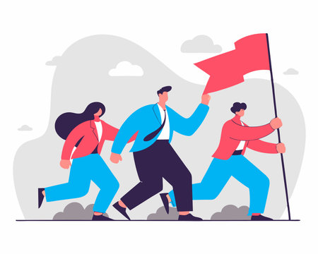 Leadership to lead team members businessman leader holding winner flag running lead business people illustrationのイラスト素材