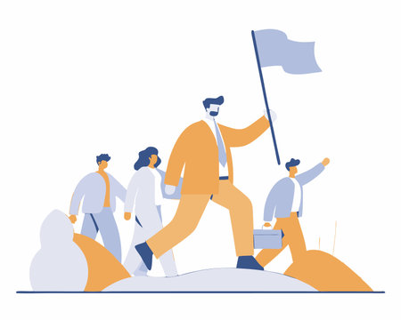 Leadership to lead team members businessman leader holding winner flag running lead business people illustrationのイラスト素材