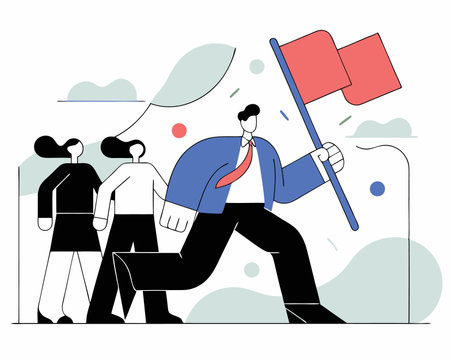 Leadership to lead team members businessman leader holding winner flag running lead business people illustrationのイラスト素材