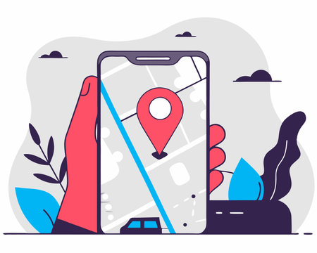 Map pointer location on Smartphone screen concept of pick location with flat style illustrationのイラスト素材