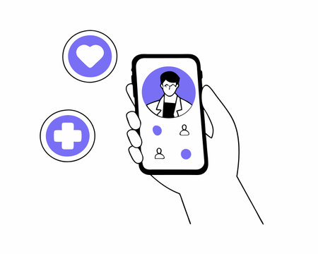 Online medical consultations with doctor concept with hand hold smartphone modern flat style illustrationのイラスト素材
