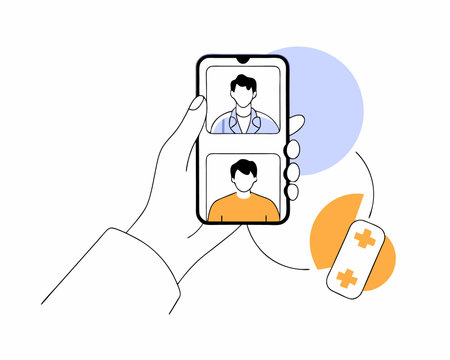 Online medical consultations with doctor concept with hand hold smartphone modern flat style illustrationのイラスト素材