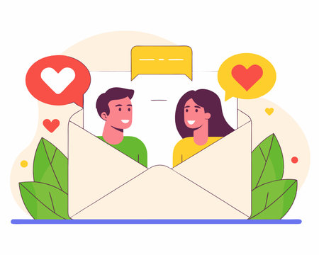Social media communication messaging concept between man and woman with love messaging inbox icon illustrationのイラスト素材