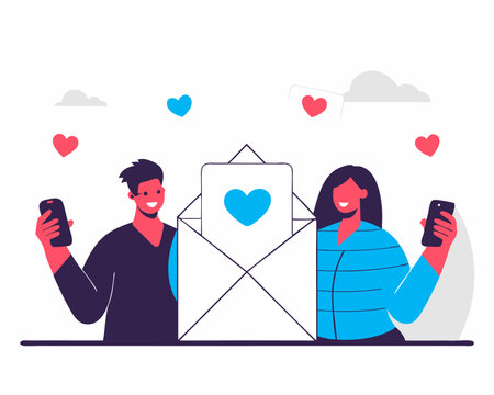Social media communication messaging concept between man and woman with love messaging inbox icon illustrationのイラスト素材