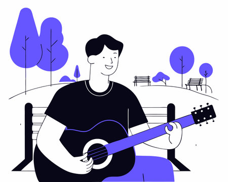 The young man sitting on the bench and playing acoustic guitar in the park illustrationのイラスト素材