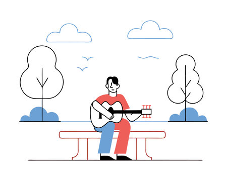 The young man sitting on the bench and playing acoustic guitar in the park illustrationのイラスト素材